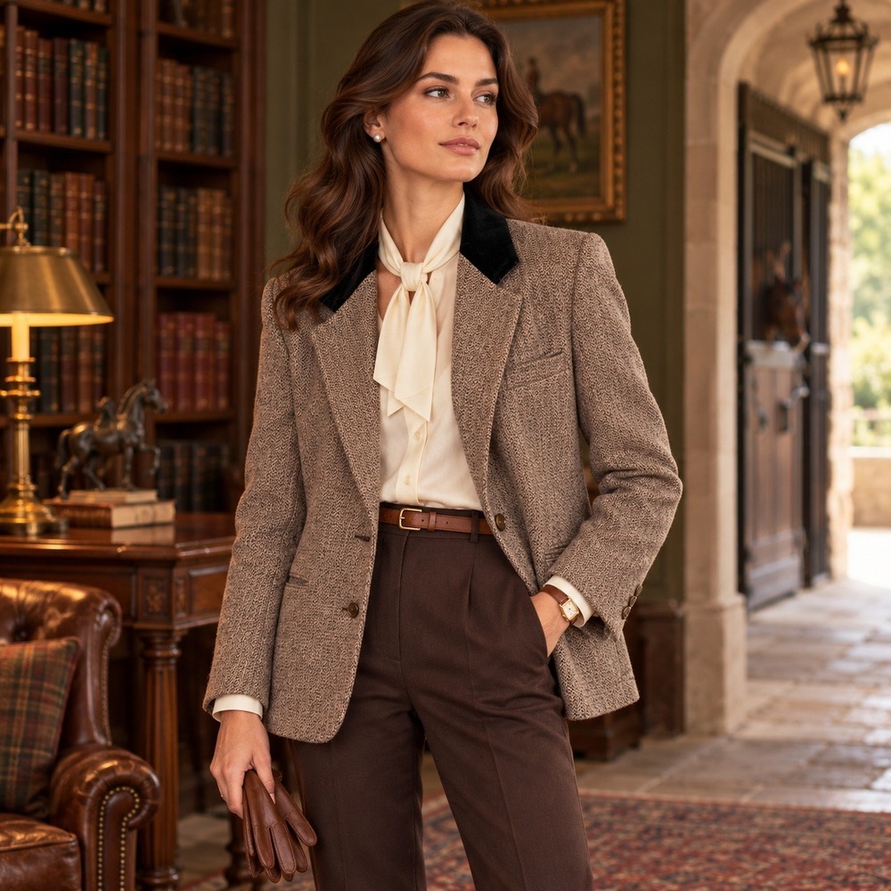 Jos. A. Bank Womens Wool Herringbone Blazer 8 Brown Velvet Equestrian Academia